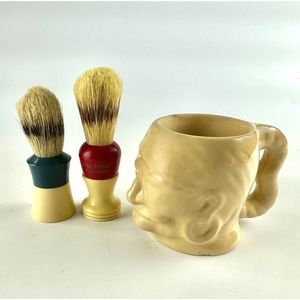 Two Vintage Ever-Ready Badger Boar Shaving Brushes And Shaving Cup Made In USA